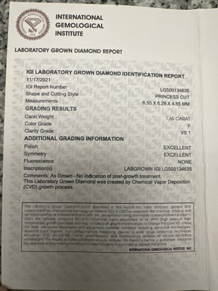 IGI Certified 1.65 CT F VS1 Lab Grown Princess Cut Diamond Ring - Image 3
