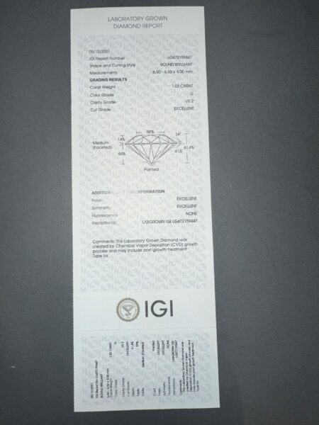 IGI Certified 1.03 CT G VS2 Lab Grown Round Brilliant Cut Diamond Ring - Image 3