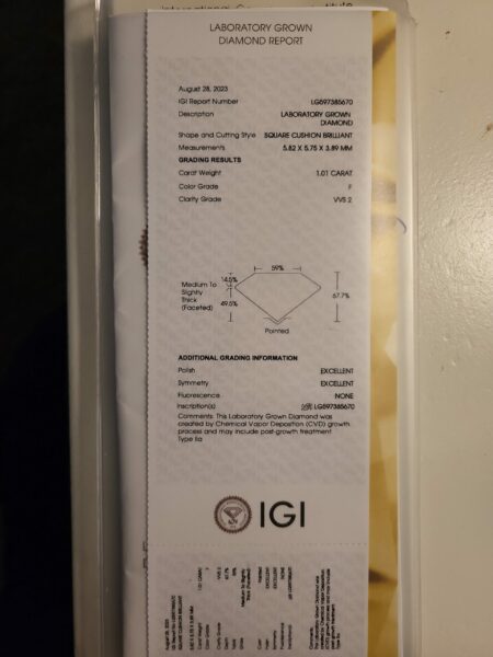 IGI Certified 1.01 CT F VVS2 Lab Grown Square Cushioned Brilliant Diamond Ring - Image 3