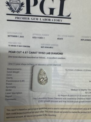 IGI Certified 4.87 CT H VVS2 Lab-Grown Pear Brilliant Loose Diamond