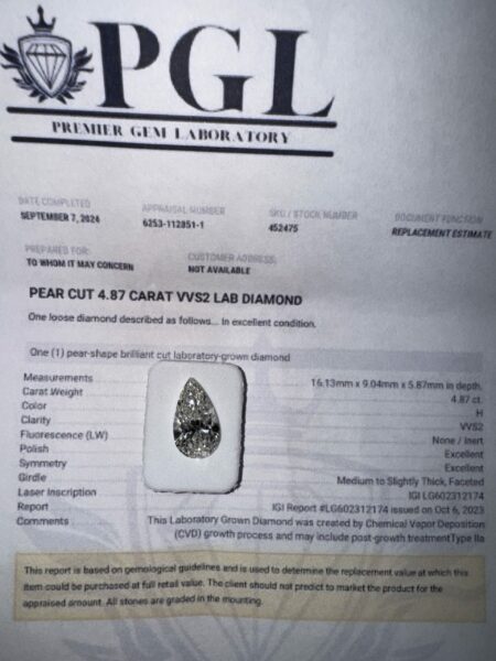 IGI Certified 4.87 CT H VVS2 Lab-Grown Pear Brilliant Loose Diamond - Image 2
