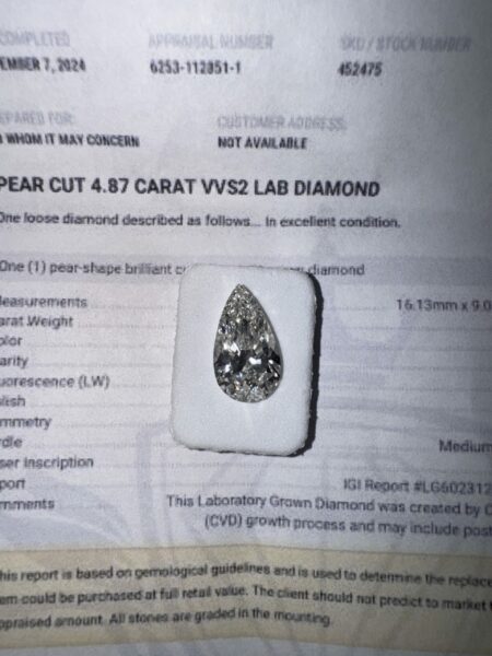 IGI Certified 4.87 CT H VVS2 Lab-Grown Pear Brilliant Loose Diamond - Image 4