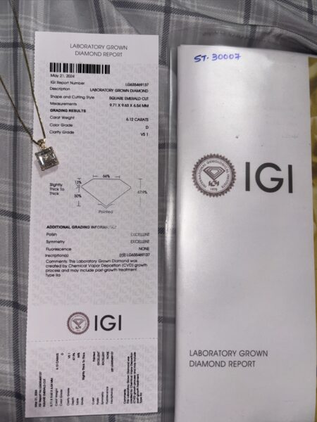 IGI Certified 6.12 CT D VS1 Lab Grown Square Emerald Cut Diamond Necklace - Image 3
