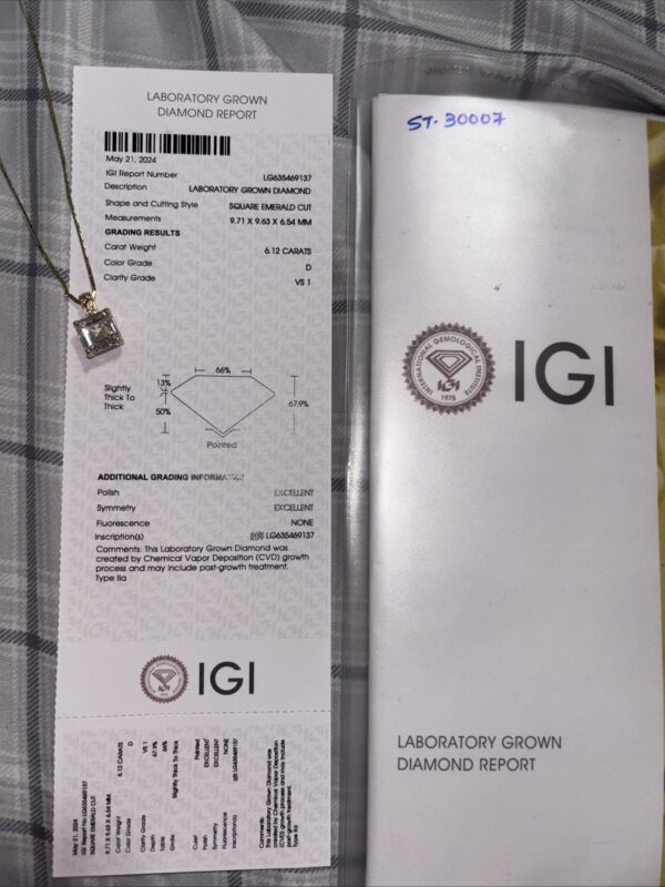 IGI Certified 6.12 CT D VS1 Lab Grown Square Emerald Cut Diamond Necklace - Image 3