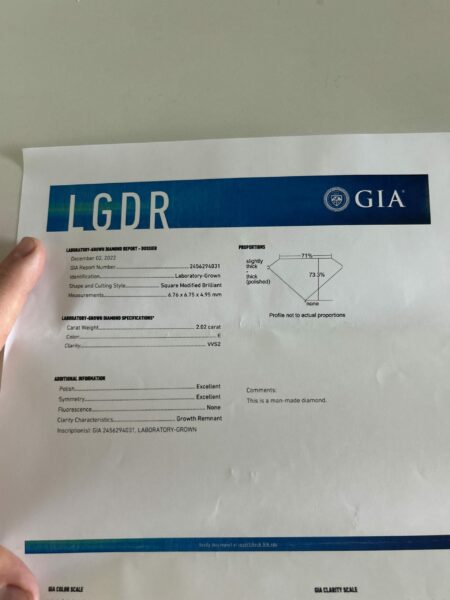GIA Certified 2.02 CT E VVS2 Lab-Grown Square Modified Brilliant Diamond Ring - Image 2