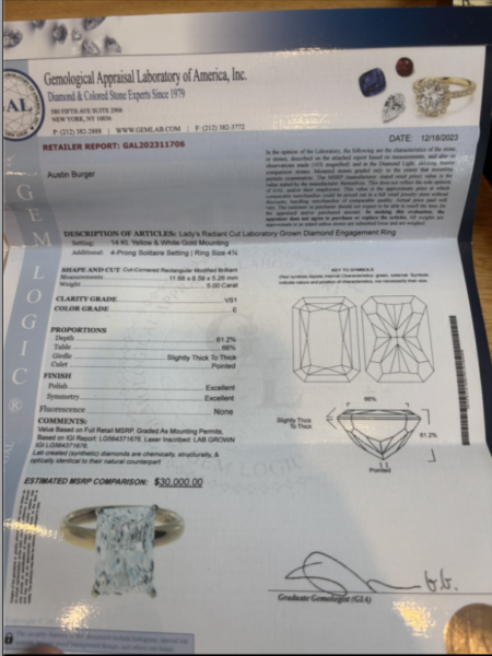 IGI Certified 5.0 CT E VS1 Lab Grown Cut Cornered Rectangular Modified Brilliant Diamond Ring - Image 2