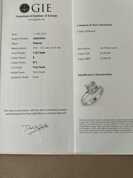 GIE Certified 1.22 CT E SI 1 Princess Cut Diamond 14 KT Gold Ring - Image 3