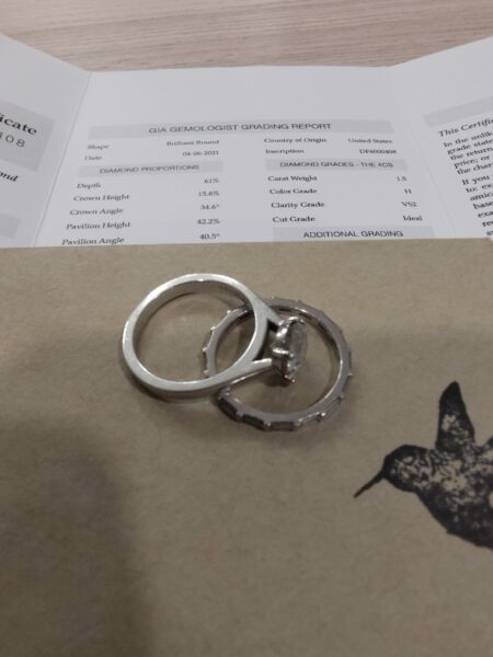 GIA Certified 1.5 CT H VS2 Lab Grown Brilliant Round Diamond Ring and Matching Wedding Band - Image 3