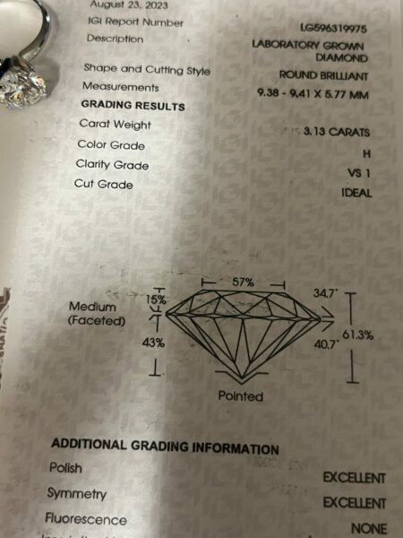 IGI Certified 3.13 CT H VS 1 Lab Grown Round Brilliant Diamond Ring - Image 3