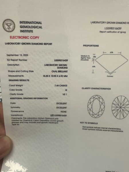 IGI Certified 7.44 CT G VS 1 Lab Grown Oval Brilliant Diamond Ring - Image 2