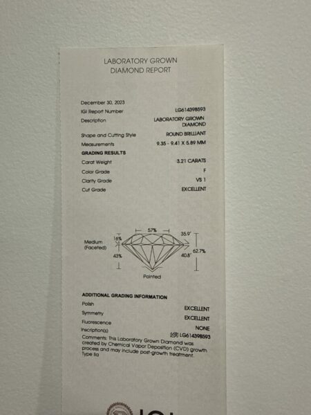 IGI Certified 3.21 CT F VS1 Lab Grown Round Brilliant Diamond Ring - Image 5