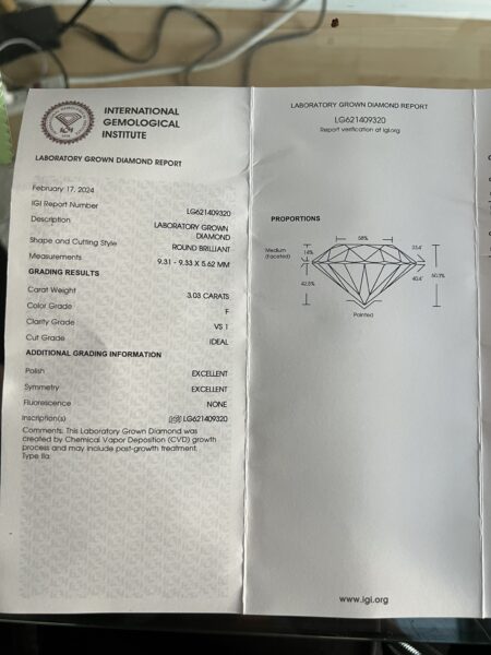 3.03 CT F VS1 Lab Grown Round Brilliant Diamond Ring - Image 6