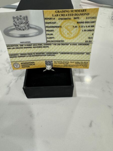 IGI Certified 1.50 CT E SI1 Lab Grown Round Brilliant Diamond Ring - Image 2
