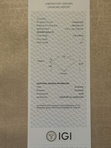 IGI Certified 2.48 CT E VS1 Lab Grown Princess Cut Diamond White Gold Ring - Image 2