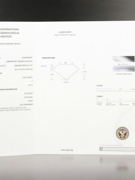 IGI Certified 4.02 CT E VVS2 Lab Grown Square Emerald Cut Diamond - Image 2