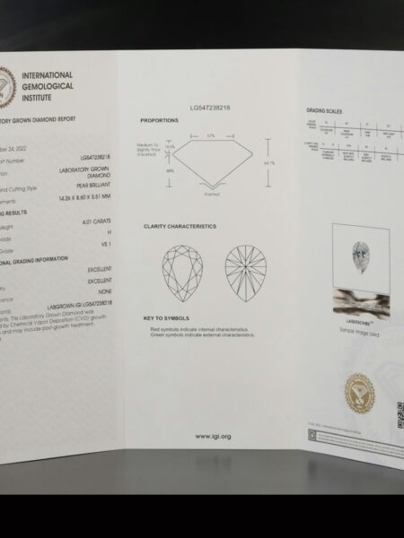IGI Certified 4.01 CT H VS 1 Lab Grown Pear Brilliant Loose Diamond - Image 9