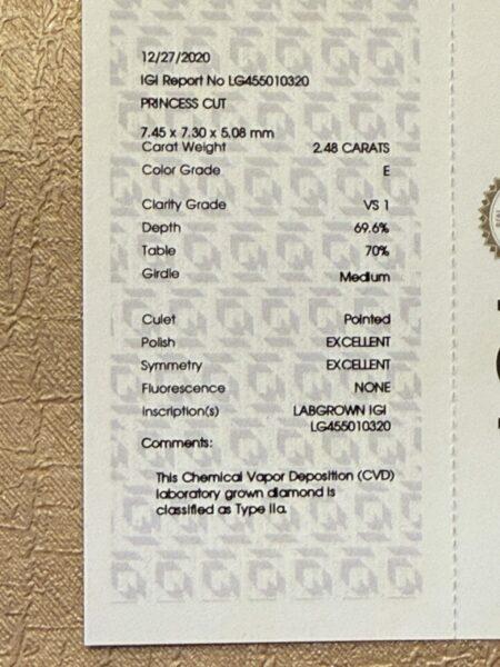 IGI Certified 2.48 CT E VS1 Lab Grown Princess Cut Diamond White Gold Ring - Image 9