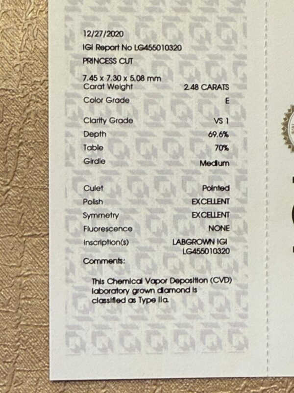 IGI Certified 2.48 CT E VS1 Lab Grown Princess Cut Diamond White Gold Ring - Image 9