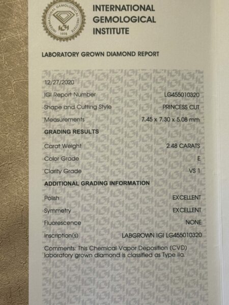 IGI Certified 2.48 CT E VS1 Lab Grown Princess Cut Diamond White Gold Ring - Image 12