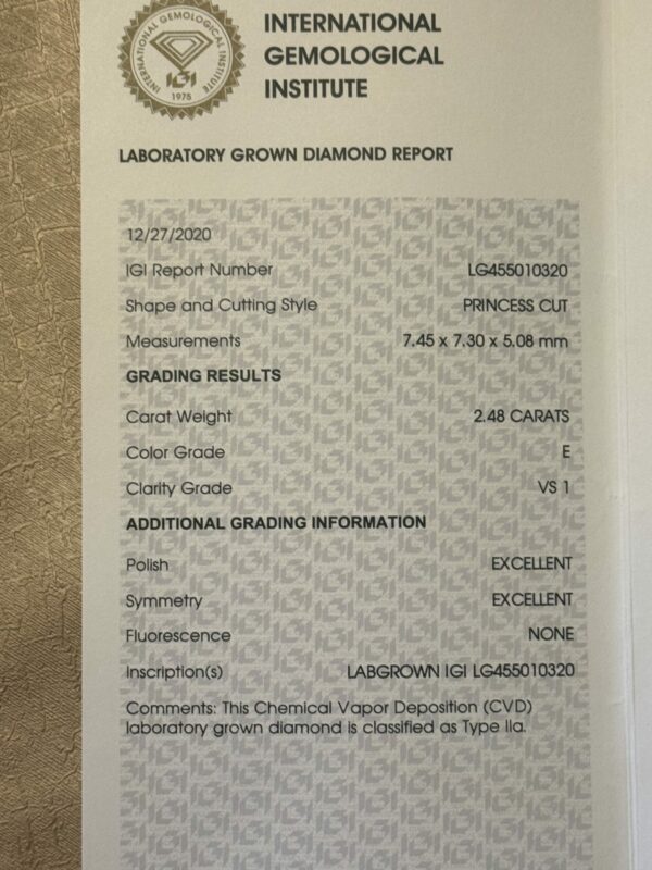 IGI Certified 2.48 CT E VS1 Lab Grown Princess Cut Diamond White Gold Ring - Image 12