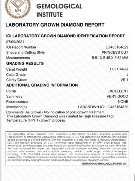 IGI Certified 1.01 CT J VS1 Lab Grown Princess Cut Diamond Ring - Image 3