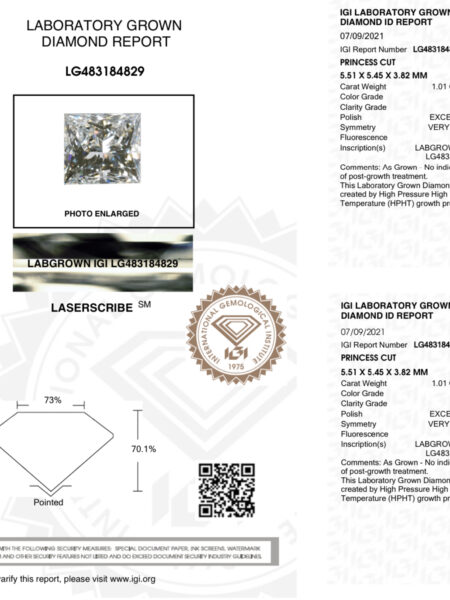 IGI Certified 1.01 CT J VS1 Lab Grown Princess Cut Diamond Ring - Image 9