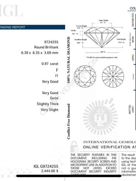 IGL Certified 0.97 CT F I1 Round Brilliant Diamond - Image 2