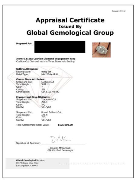 GIA Certified 5.01 CT F SI1 Cushion Cut Diamond Ring - Image 2