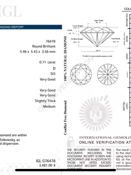 IGL Certified 0.71 CT D SI3 Round Brilliant Loose Diamond - Image 2