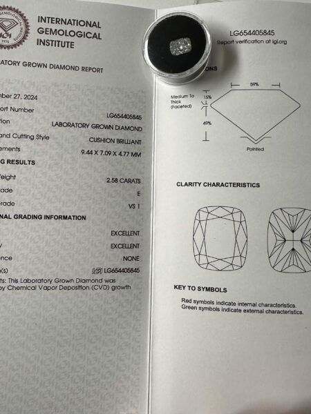 IGI Certified 2.58 CT E VS1 Lab Grown Cushion Brilliant Diamond