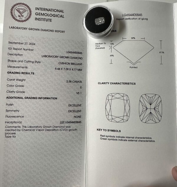 IGI Certified 2.58 CT E VS1 Lab Grown Cushion Brilliant Diamond - Image 2