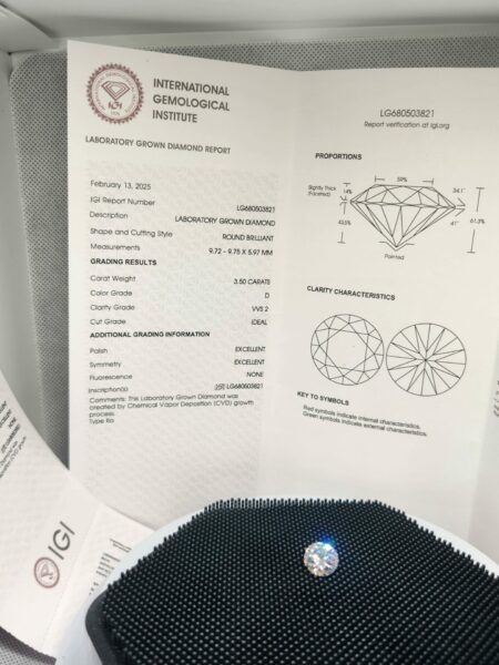 IGI Certified 3.50 CT D VVS2 Lab Grown Round Brilliant Diamond - Image 2