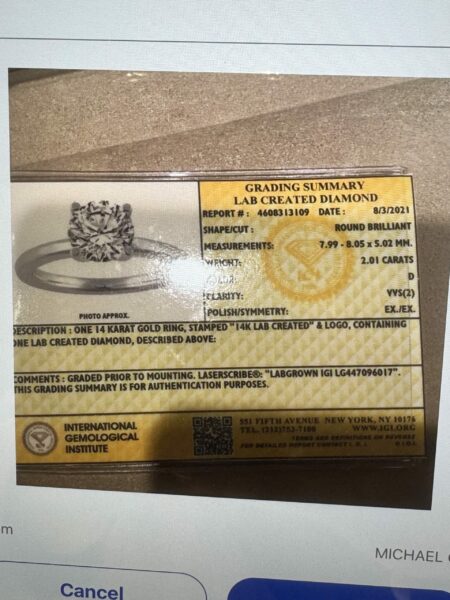 IGI Certified 2.01 CT D VVS2 Lab Grown Round Brilliant Diamond Ring - Image 5
