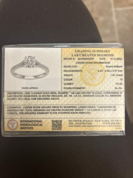 IGI 1.01 Carat G VS2 Round Lab-Grown Diamond Ring - Image 8