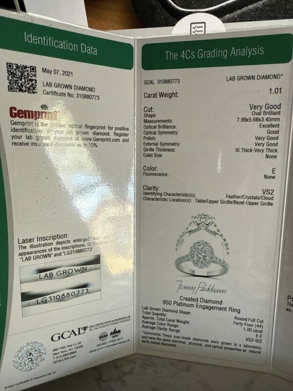 GCAL 1.01 CT E VS2 Lab Grown Oval Diamond Ring - Image 3