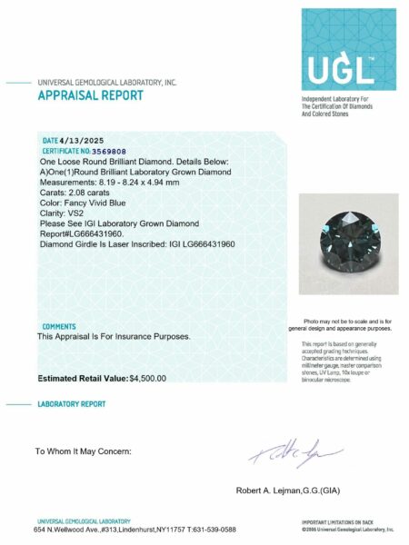 IGI 2.08 Carat Fancy Vivid Blue VS2 Round Lab-Grown Diamond Loose Diamond - Image 3