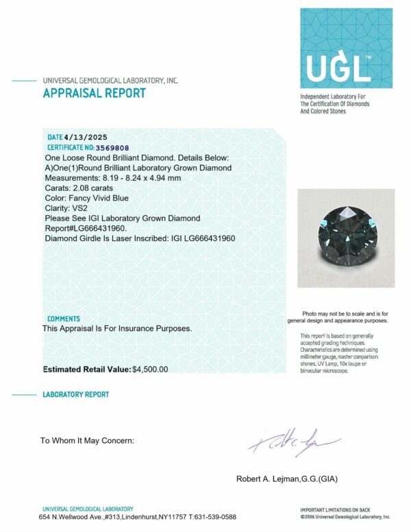 IGI 2.08 Carat Fancy Vivid Blue VS2 Round Lab-Grown Diamond Loose Diamond - Image 3