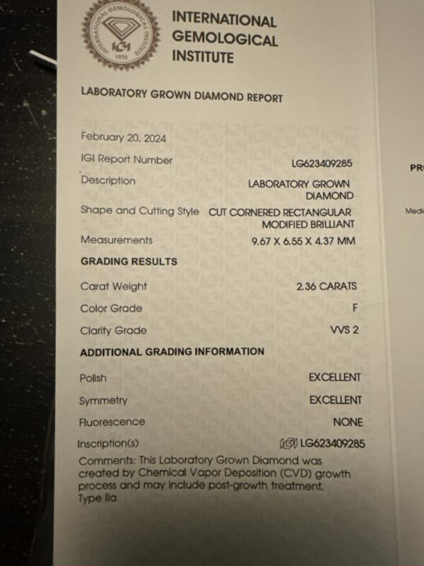 IGI 2.36 Carat F VVS2 Cushion Lab-Grown Diamond Ring - Image 6