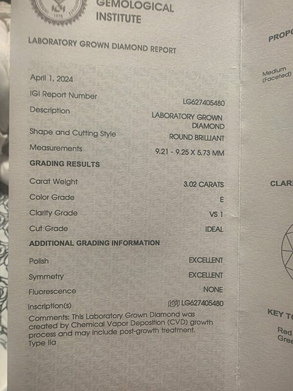 IGI 3.02 Carat E VS1 Round Lab-Grown Diamond Ring - Image 7
