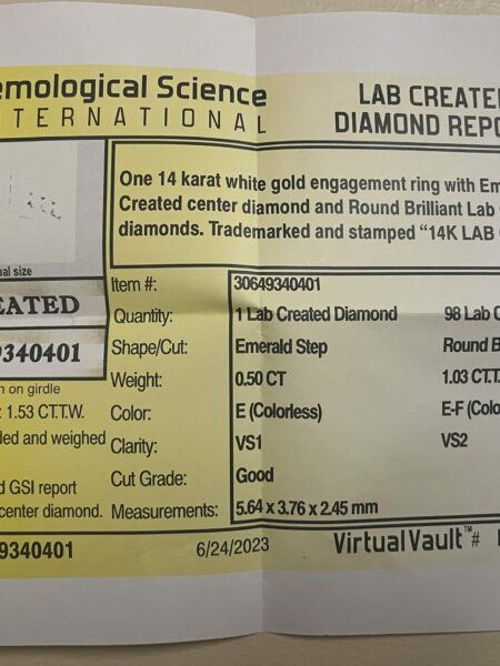 GSI Certified 1.53 CT E VS1 Lab Grown Emerald Cut Diamond Ring - Image 3