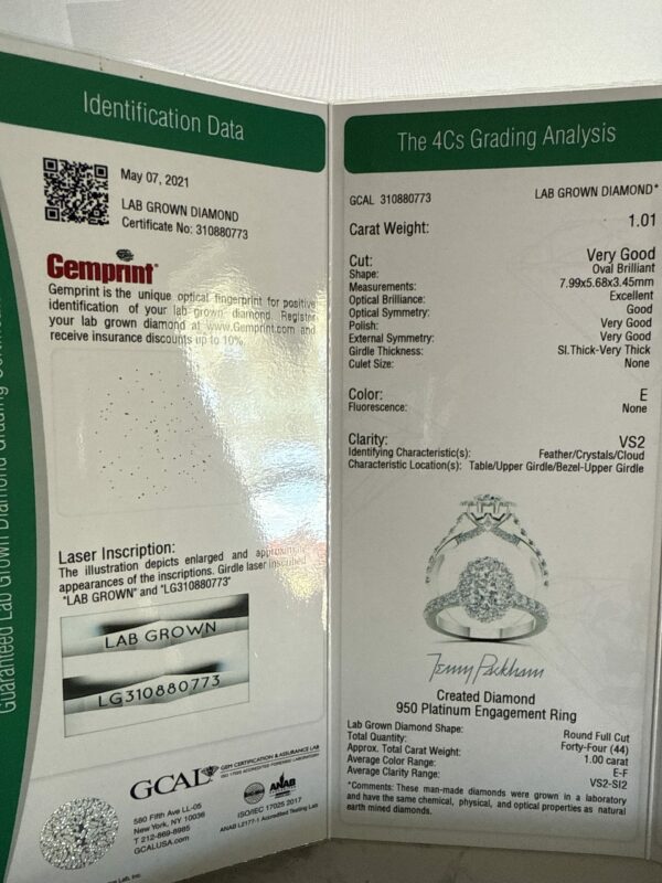 GCAL 1.01 CT E VS2 Lab Grown Oval Diamond Ring - Image 2