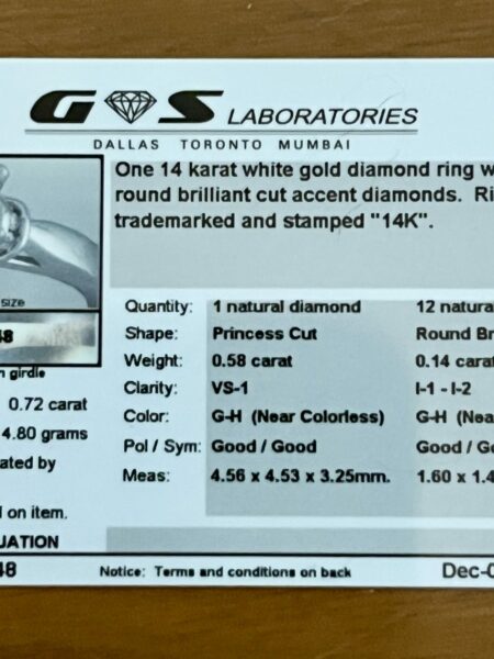 IGI .58 Carat G VS1 Princess Natural Diamond Ring - Image 9