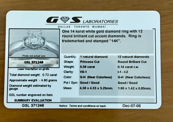 IGI .58 Carat G VS1 Princess Natural Diamond Ring - Image 9