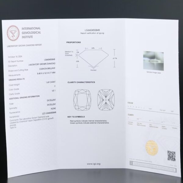 IGI 1.69 Carat F VS1 Cushion Lab-Grown Diamond Loose Diamond - Image 8