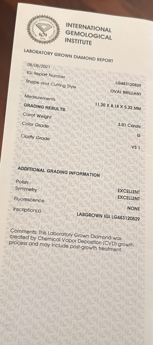 IGI 3.01 Carat G VS1 Oval Lab Grown Ring - Image 5