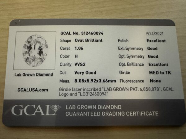 GCAL 1.06 Carat H VVS2 Oval Lab-Grown Diamond Ring - Image 7