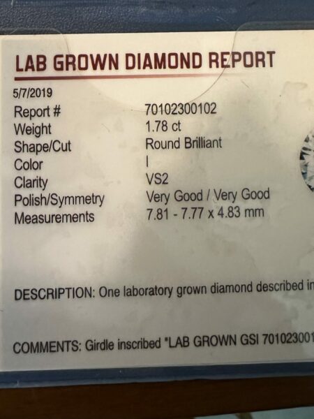 GSI 1.78 Carat I VS2 Round Lab Grown Ring - Image 5