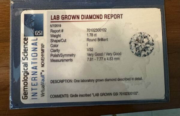 GSI 1.78 Carat I VS2 Round Lab Grown Ring - Image 5