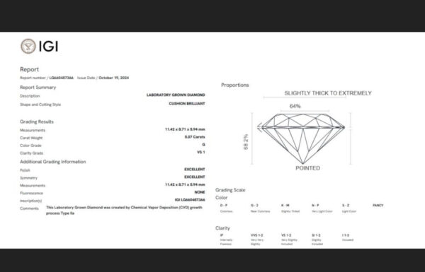 IGI 5.10 Carat G VS1 Cushion Lab-Grown Diamond Loose Diamond - Image 4