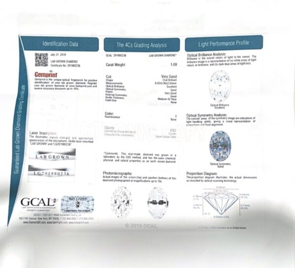 GCAL 1.09 Carat I VS2 Oval Lab Grown Ring - Image 9